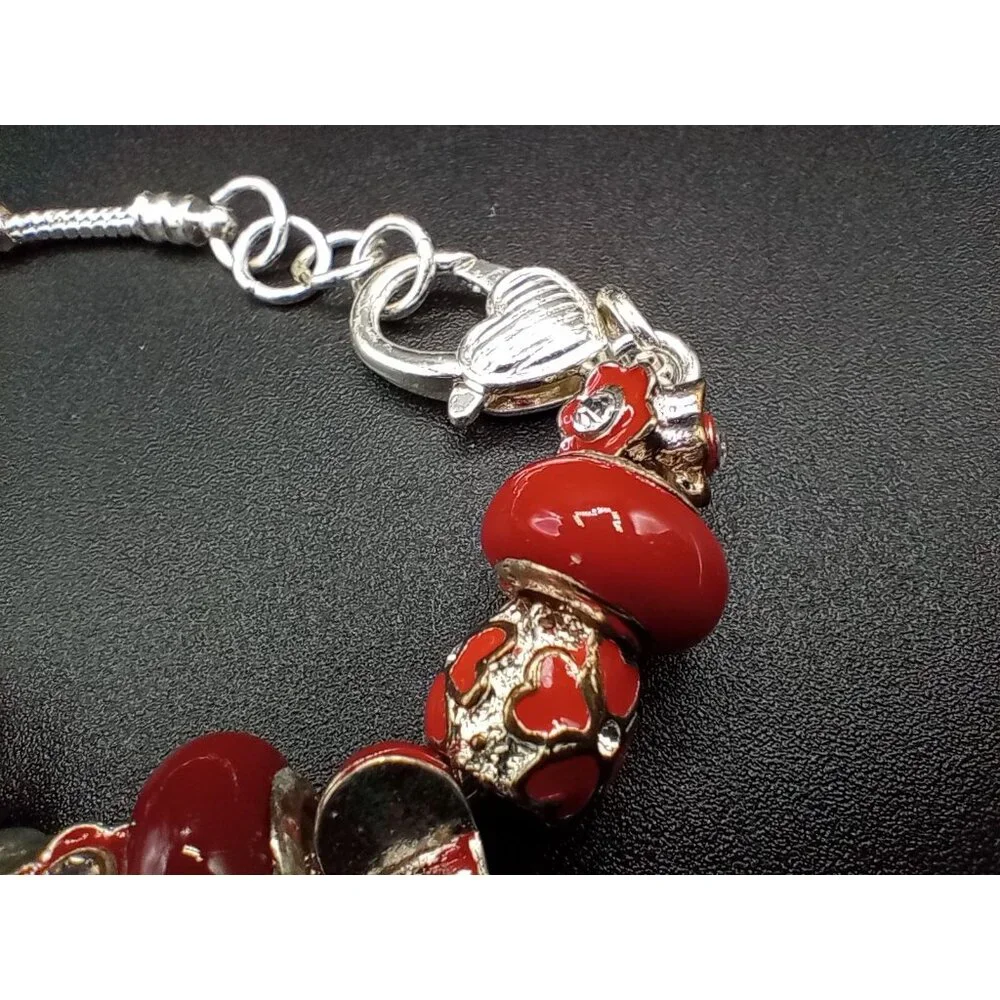 Charm Bracelet Beads Rhinestone Silver Tone Snake Chain Red Statement Jewelry - Picture 9 of 13